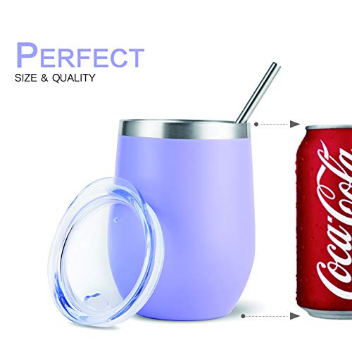 HITSLAM Wine Tumbler 12oz Stainless Steel Tumbler Vacuum Insulated Wine Glass Double Wall Coffee Mug for Champaign, Beer, Office use includes Straw Lid, Straw, Cleaning Brush (Purple)