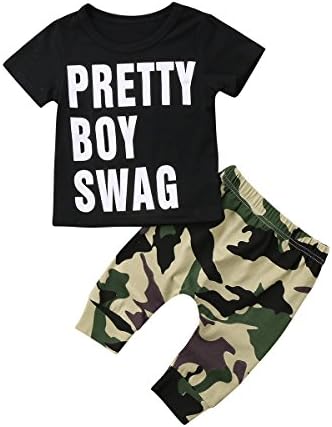 Enhill 2Pcs/Set Baby Boys Short Sleeve Pretty Boy T-Shirt Tops and Camouflage Pants Outfit (Black+Camouflage, 0-6 Months)