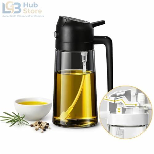 Garrafa Spray de Azeite 2 em 1 470ml – Pulverizador e Dosador para Óleo e Vinagre, Dispensador de Azeite em Vidro Premium para Air Fryer, Saladas, Churrasco e Cozinha (Preto)