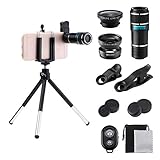 Cell Phone Camera Lens Kit, GLISTENY 4 in 1 HD 12X Zoom Telephoto Lens+ Fisheye+ Wide Angle+ Macro Lens+ Retractable Tripod+ Remote Shutter for IPhoneX, 8, 7, 6s, 6s Plus& Samsung &Smartphone