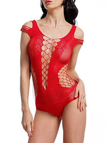 Amoretu Womens One Piece Hollow Out Fishnet Teddy Bodysuit Lingerie Red