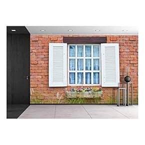 White Window on Red Brick Wall of Vintage House Style - Removable Wall Mural | Self-Adhesive Large Wallpaper - 66x96 inches