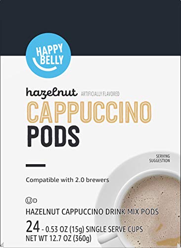 HAPPY BELLY LIGHT ROAST CAPPUCCINO COFFEE PODS, HAZELNUT FLAVORED, COMPATIBLE WITH K-CUP BREWERS, 24 COUNT
