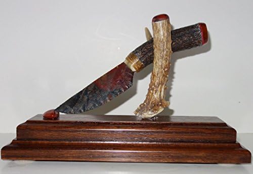 Beautiful Bloodstone Flintknapped Knife on Red Stag Handle Signed w/ Display