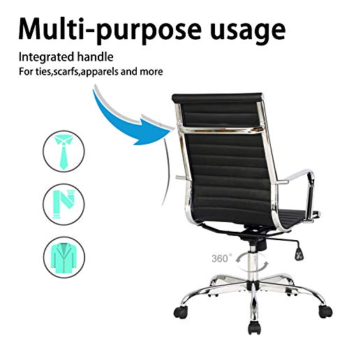 Elecwish Modern Office Executive Swivel Chair, High Back Adjustable, Tall Ribbed, Pu Leather, Wheels Arm Rest Computer, Chrome Base, Home Furniture, Conference Room Reception (Black) Set of 2 - Thumbnail 3