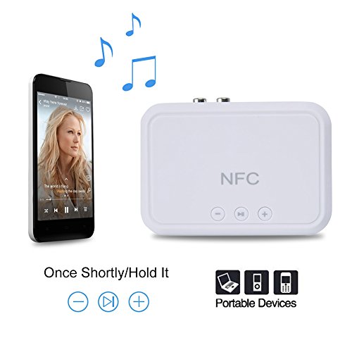 AMAKE Wireless NFC Bluetooth Receiver Hands Free Car Kit Desktop Portable Audio Music Adapter Receive 2 Devices Simultaneously with Mic RCA Audio Cable Charging Port for Car/Home Stereo(White)