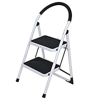 lUKSY US-Direct 2 Step Ladder Folding Step Stool,Portable Stool Sturdy Steel Ladder with Handle Anti-Slip Feet Solid Wide Pedal,300lbs Capacity White and Black Combo