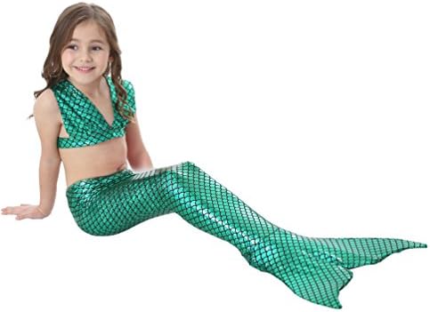 Queeni 3Pcs Kids Mermaid Tail Swimsuit Princess Bikini Set Swimwear for Girls, Green (120 CM)