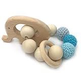 Amyster Crochet Bead Teething Ring Set Untreated Beech Teether with Organic Wood Elephant Toy Wood Bracelet Baby Mom Kids Wooden Teether Bangle