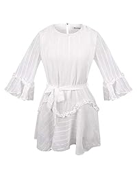 BELONGSCI Vestido casual para mujer en Blush manga larga Bell cuello redondo vendaje cintura vestido corto con cinturón