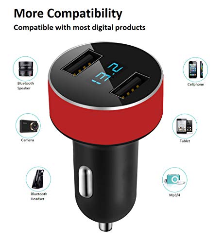 Dual USB Car Charger,4.8A Output,Cigarette Lighter Voltage Meter Compatible for Apple iPhone,iPad,Samsung Galaxy,LG,Google Nexus,USB Charging Devices,Red