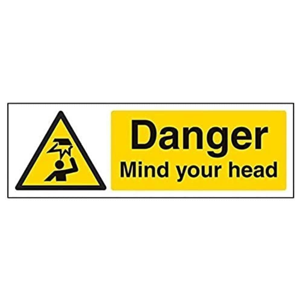 V Safety 63034AX-S Danger Mind Your Head Sign, Landscape, Self Adhesive Vinyl, Black/Yellow, 300 mm x 100 mm — image 1