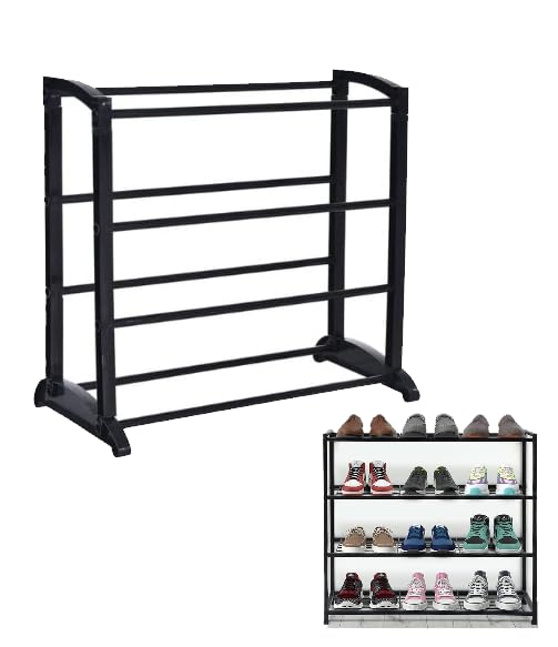 ADMOS 4 Tier Expandable Shoe Rack Heavy Duty Metal Shoe Storage Organiser Space Saving Shoe Standing Tower No Tools Required and Quick Assembly Footwear Storage Stores Up to 12 Pairs (Black)
