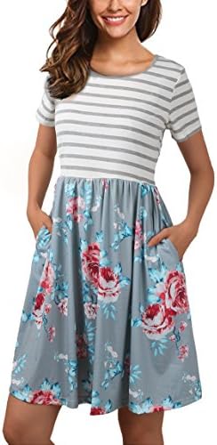 Women's Short Sleeve Patchwok Floral Dress Dresses with Pockets