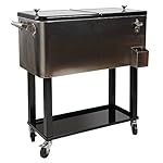 HIO 80 Qt Outdoor Patio Cooler Table On Wheels, Rolling Cooler With Shelf, stainless steel with a black lid