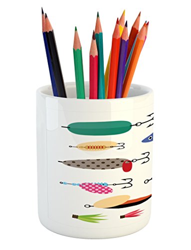 Fishing-Pencil-Pen-Holder-by-Lunarable-Elements-of-Fishing-Line-with-Stringer-Net-Bite-Indicators-Worms-Waders-Hunt-Image-Printed-Ceramic-Pencil-Pen-Holder-for-Desk-Office-Accessory-Multicolor