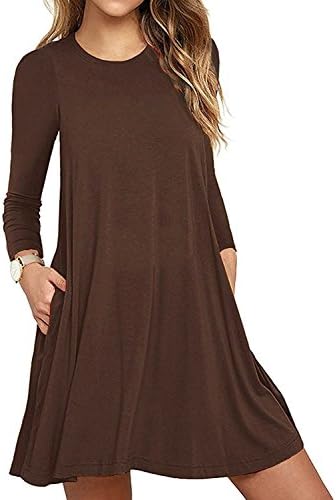 Aserlin Women's Long Sleeve Pocket Casual Loose T-Shirt DressBrown-XL