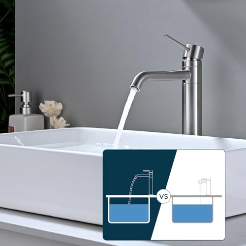 DETBOM 360° Swivel High Basin Tap, Single Lever Hot and Cold Water, Bathroom Mixer Tap in 304 Stainless Steel, Removable Aerator, Brushed Silver