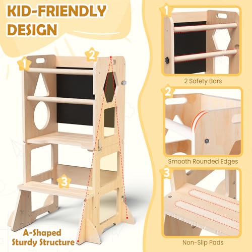 Woodure 4-in-1 Toddler Kitchen Step Stool, Foldable Learning Standing Tower with Blackboard, Wooden Kitchen Stool Helper for Kids, 1-3 Year Old Boy Girl Gifts
