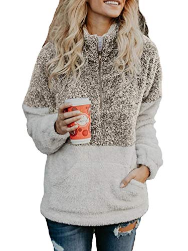 Gyozelem Women Long Sleeve Zipper Sherpa Sweatshirt Pullover Outwear Coat with Pockets Medium A-Coffee