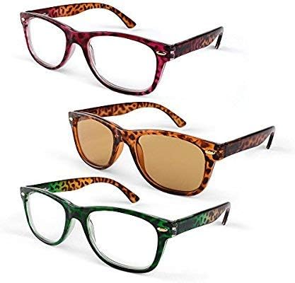 Primary Optics Retro Ladies Wayfarer 51mm Reading Glasses 3 Pack Wing One Computer Lense Reader, Red, Leopard, Green +1.5