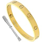 Stainless Steel Screw Head Bangle Bracelet for Women Oval Gold tone 7mm wide, fits 6.5 - 8 inch wrists