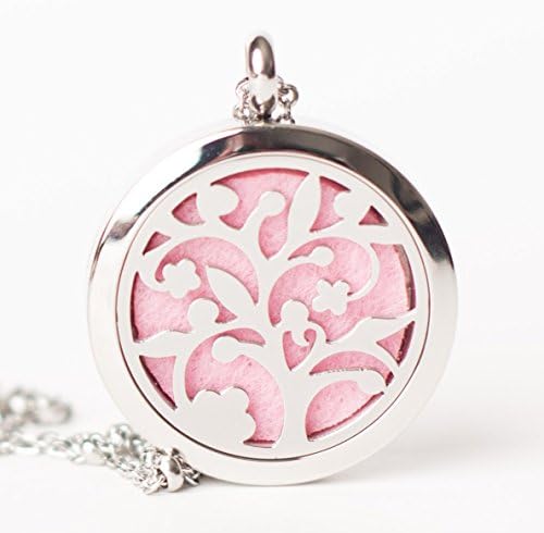 Tree of Life Pendant - Aromatherapy Necklace - Fivefold Fox Elements Series - Essential Oil Diffuser 30mm - Openwork Stainless Steel Locket with 24 inch beaded chain - Eight colored felt pads included