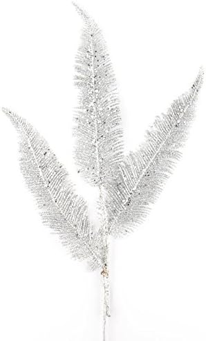 Group of 4 Sparkling Silver Glitter Artificial Fern Leaf Sprays for Embellishing Centerpieces, Arrangements and More