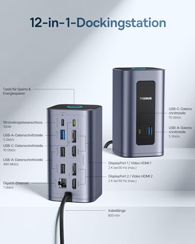 【Kompatibel mit Windows-Laptops】 Baseus Docking Station USB-C, Nomos Air 12 in 1, Dockingstation 2 monitore, 2 * 4K HDMI, 10Gbps USB-C/A, 100W PD, Gigabit-Ethernet (12-in-1 für macOS)
