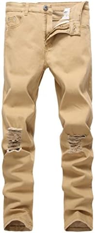 Men's Khaki Skinny Ripped Slim Fit Stretch Designed Destroyed Denim Jeans-38