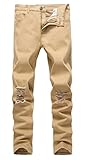 Men's Khaki Skinny Ripped Slim Fit Stretch Designed Destroyed Denim Jeans