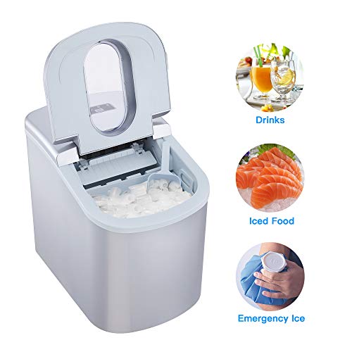YONGTONG Portable Ice Maker Countertop, Easy-Use 8 Mins Automatic Ice Cube Maker, 26 lbs Ice Per Day, 2 Ice Cube Size, Quiet and Fast Electric Ice Maker Machine with Ice Scoop and Ice Basket, Silver