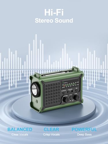 ROCAM Crank Radio, 12000 mAh Emergency Radio with 8500 mm² Solar Panel & 650 mA Crank, Portable Solar World Receiver Radio with AM/FM Reception, LED Torch & Reading Light, USB, SOS for Camping, Emergencies & Blackout
