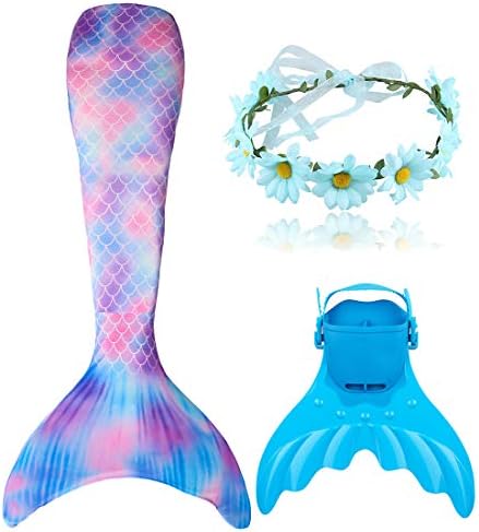 Mermaid Tail Swimmable with Swim Fins Training Flippers, Girls Cosplay Swimsuit Costume Princess Bikini Set for Birthday Gift