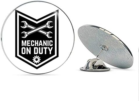 BRK Studio Cool Manly Mechanic On Duty Badge Cartoon Icon Round Metal 0.75" Lapel Pin Hat Shirt Pin Tie Tack Pinback
