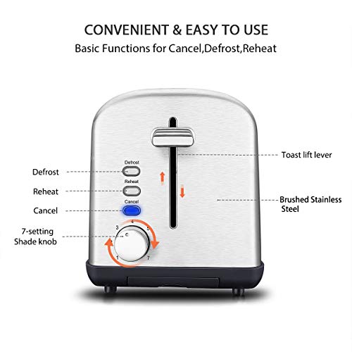 2 Slice Toaster, Stainless Steel Toasters Cool Touch with Extra-Wide Slots, Defrost/Reheat/Cancel Function, 7 Browning Dials and Removable Crumb Tray (Silver)