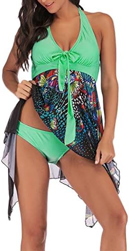 Jchen(TM) Women Tankini Sets Ladies Swimsuit Ruched Retro Color Block Floral Print Swim Dress Bathing Suit with Briefs