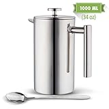 MIRA 34 oz Double Wall All Stainless Steel French Press For Coffee or Tea | Insulated Coffee Pot & Maker Keeps Brewed Coffee or Tea Warm for Hours (34 oz French Press with Bonus Long Spoon)