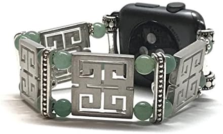 Apple Watch Replacement Band - Pewter Greek Key and Jade Green Bead jewelry bracelet (42mm Gold)