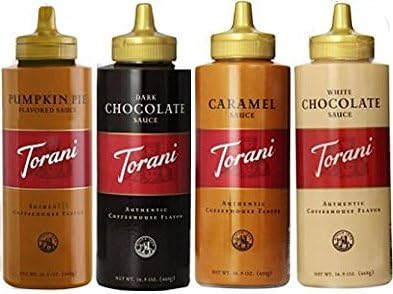 Torani 16.5oz 4-pack Sampler, Pumpkin Pie, Chocolate, Caramel & White Chocolate Topping/Sauces