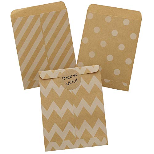 Vazuda 30pcs 4.53x3.54inch+0.55inch Greeting Cards Kraft Envelopes Small Gift Wrap Bags Chevron Stripe Dots Party Favor Gift Paper Bag