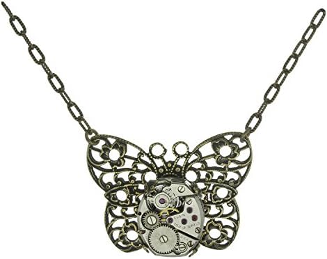 Handcrafted Brass-tone Filigree Butterfly Steampunk Clockwork Vintage Victorian Style Pendant Necklace