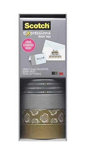 Scotch Expressions Washi Tape, Multi-Pack with Storage Box, Silver and Gold, 4 Rolls (C317-4PK-SILGD)