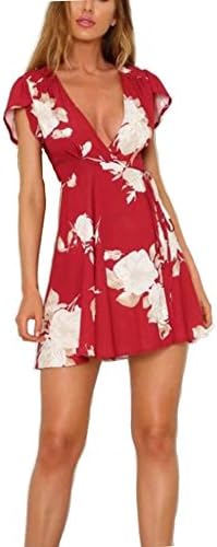 Vaniglia Women Floral Print Sleeve Sexy Deep V-Neck Tunic Top Casual Mini Dress(1814-hong-M)