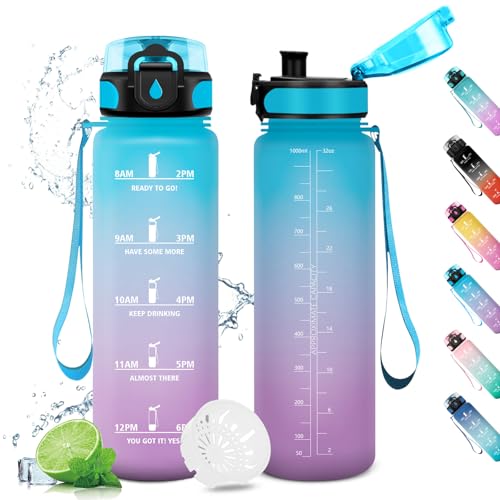 Gourde Enfant 1L, Gourde Sport, Étanche et Réutilisable, Bouteille d'eau sans BPA, avec Marqueur de Temps, Gourdes pour Enfant, Adulte, Camping, Fitness, Yoga, Bureau, Gym, Cyclisme, Camping