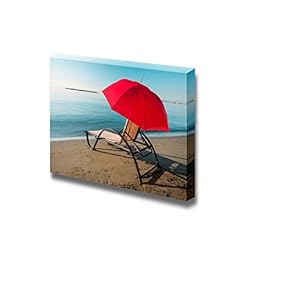 Canvas Prints Wall Art - Tranquil Mediterranean Morning Beach with Red Umbrella and Chair - 12" x 18"