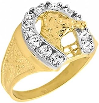Solid 10k Yellow Gold Men's White Topaz Lucky Horseshoe Ring