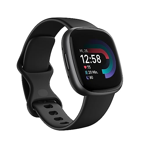 Fitbit Google Versa 4 Smartwatch Fitness Tracker enthält eine 3 monatige Google Health Premium Mitgliedschaft, 6 Tage Akkulaufzeit – Kompatibel mit Android/iOS, Schwarz/Aluminium in Graphit