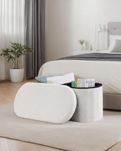 28" Oval Foldable Ottoman with Storage, Teddy Boucle Fabric Footrest, Storage Bench for Living Room, Bedroom, Entryway, Dorm, White