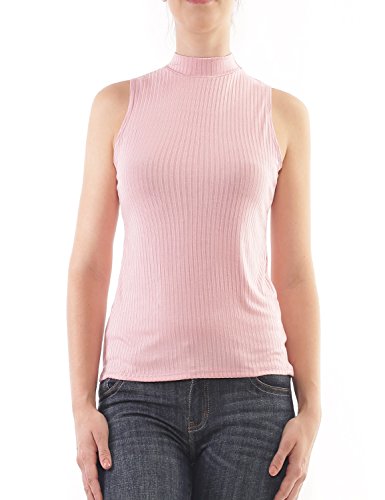 AIMA Women's Mock Neck Sleeveless Top Rib Pink Small